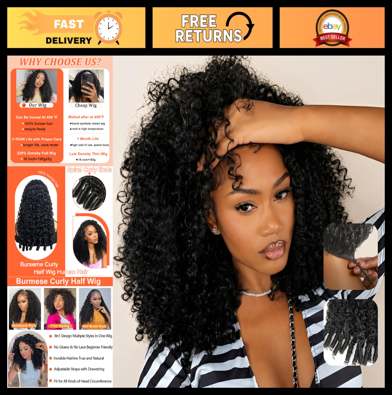220% Density 18″ Burmese Curly Half Wig – 100% Human Hair, Glueless Clip-Ins, Ea