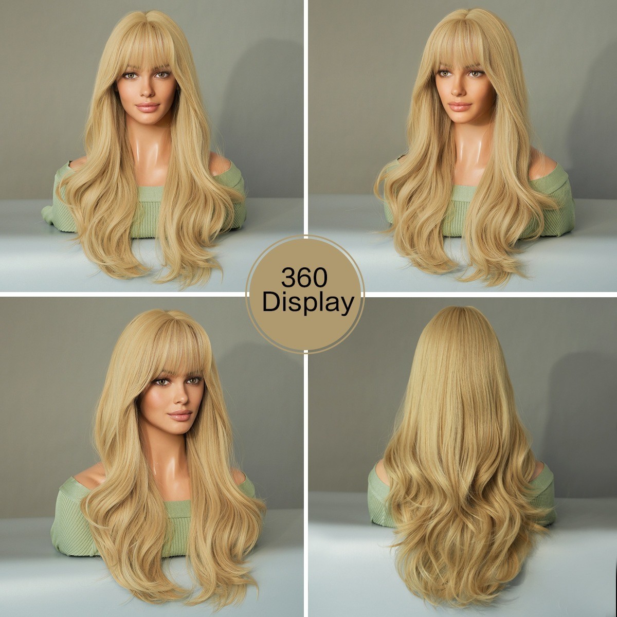 The lady has naturally long golden hair and is wearing a synthetic blonde wig