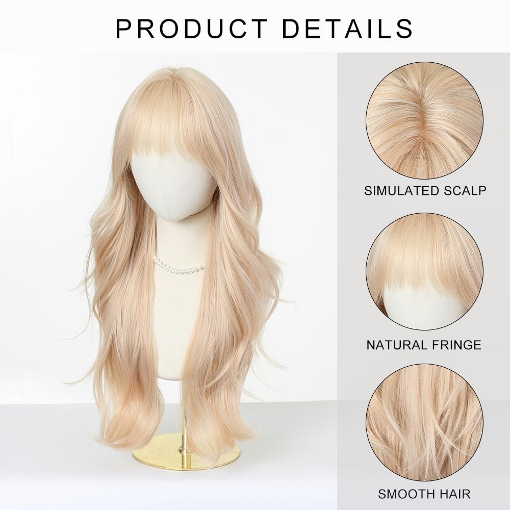Long Wavy Blonde Wigs for Women with Fringe Natural Synthetic Hair Wig for Da…