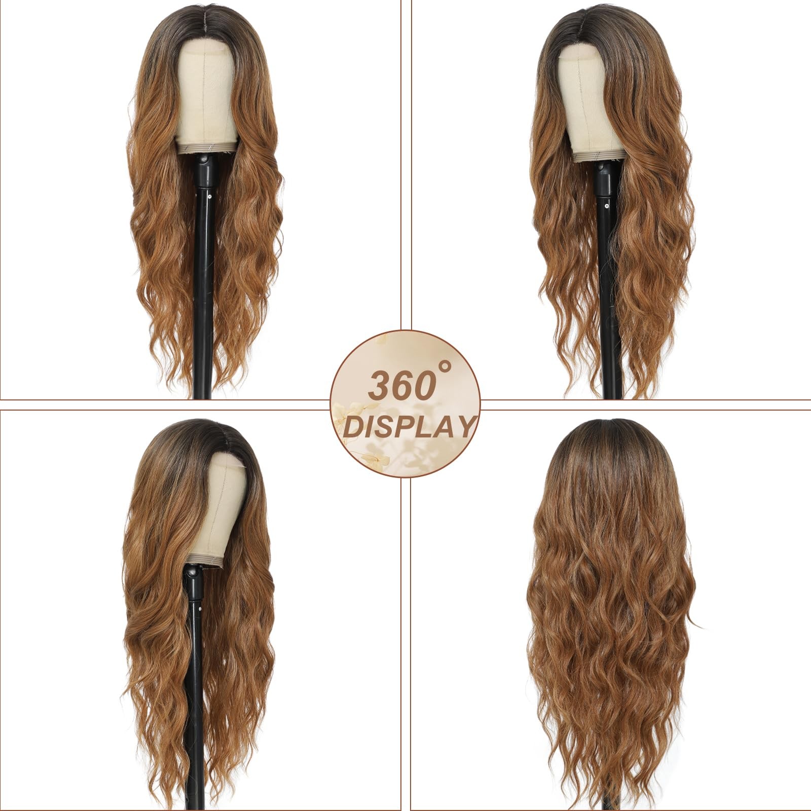 Ombre Brown Wig for Women, Long Ombre Brown Wavy Wig Middle Part 26 Inch Ombr…