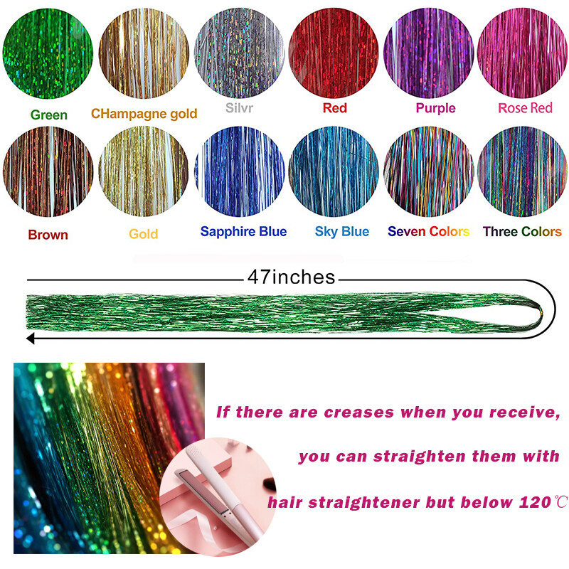12 Colors 2400 Strands Hair Tinsel Kits Glitter Hair Extensions w/ Tool 47 Inch