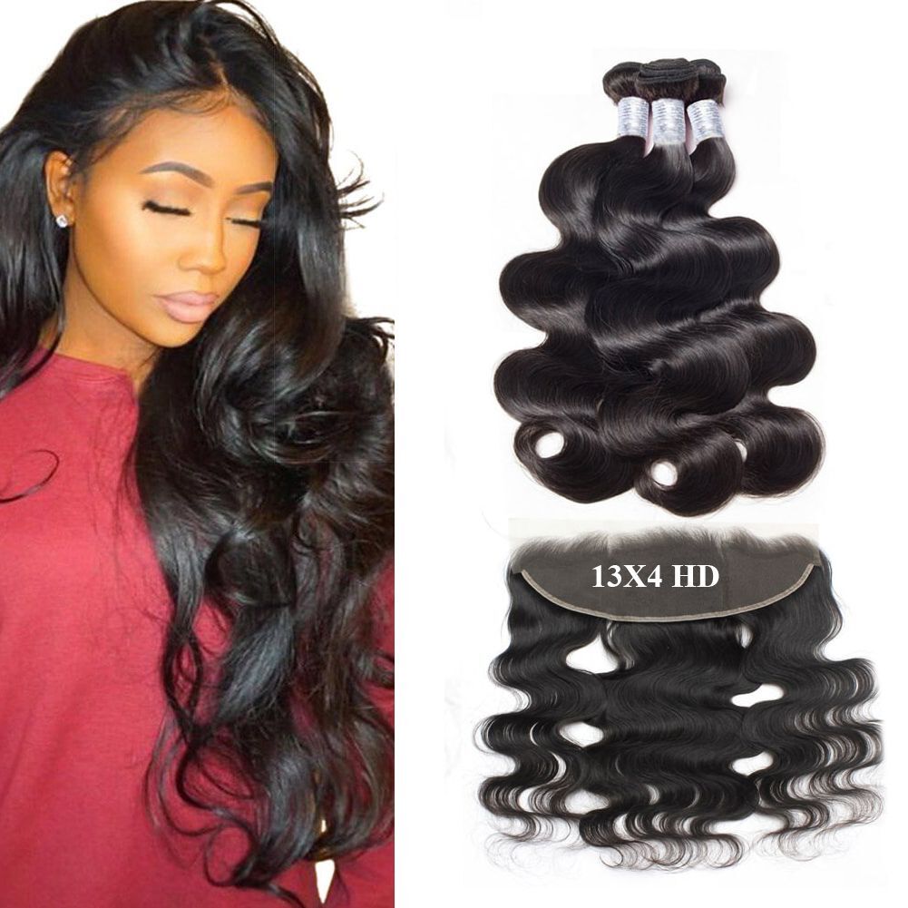 12A BRAZILIAN VIRGIN HUMAN HAIR BODY WAVE HD LACE BUNDLES 13X4/13X6 HD COLOR 1B#