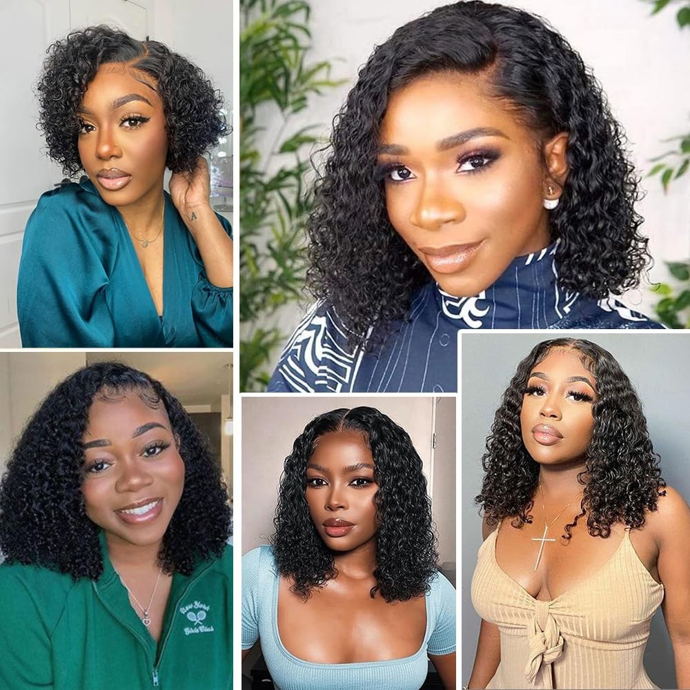 Curly Bob Wig Human Hair Water Wave 4×4 Lace Closure Glueless Wear and Go Bob…