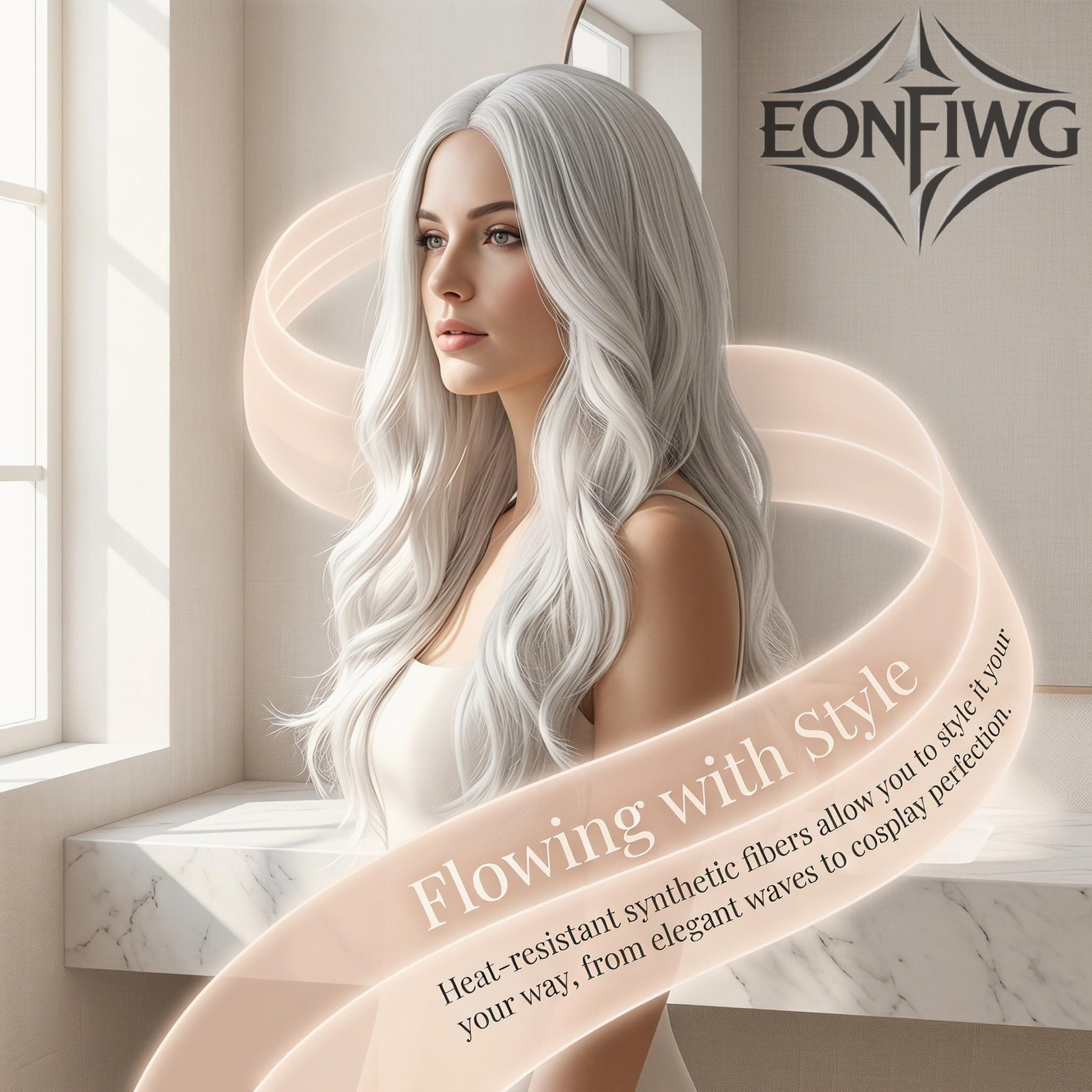 Long White Wavy Wig for Women 27.5 Inches Middle Part Natural Looking Curly W…