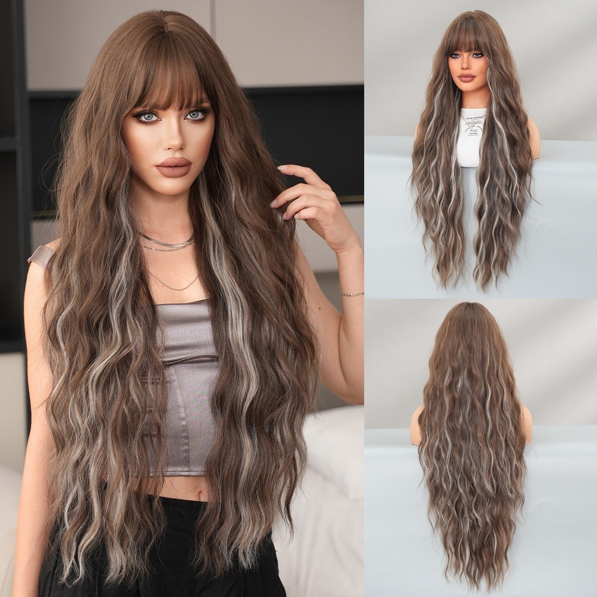 36-inch ultra-long wavy hair with fringe brown highlighted and gray heat-resist