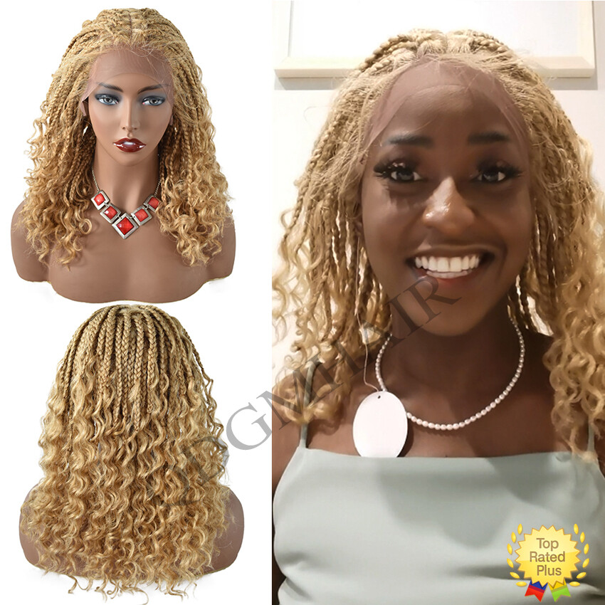Hand Tied Swiss Lace Front Box Braids Women Wig Synthetic 18″ Wavy Ombre Hair US