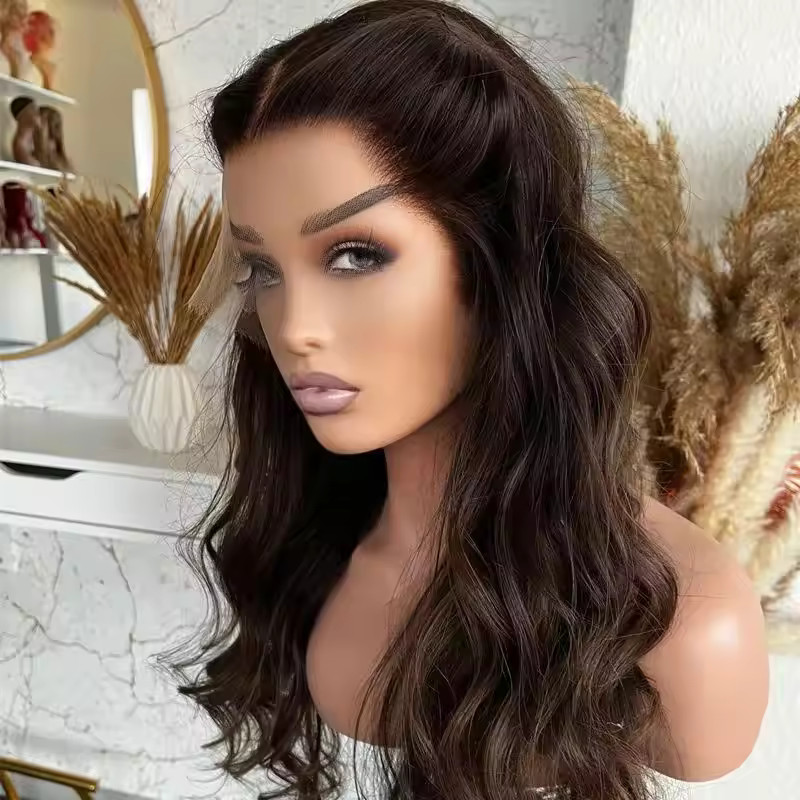13×6 Dark Brown body wave wigs 100% Human Hair Lace Front Wigs Bleached Knots