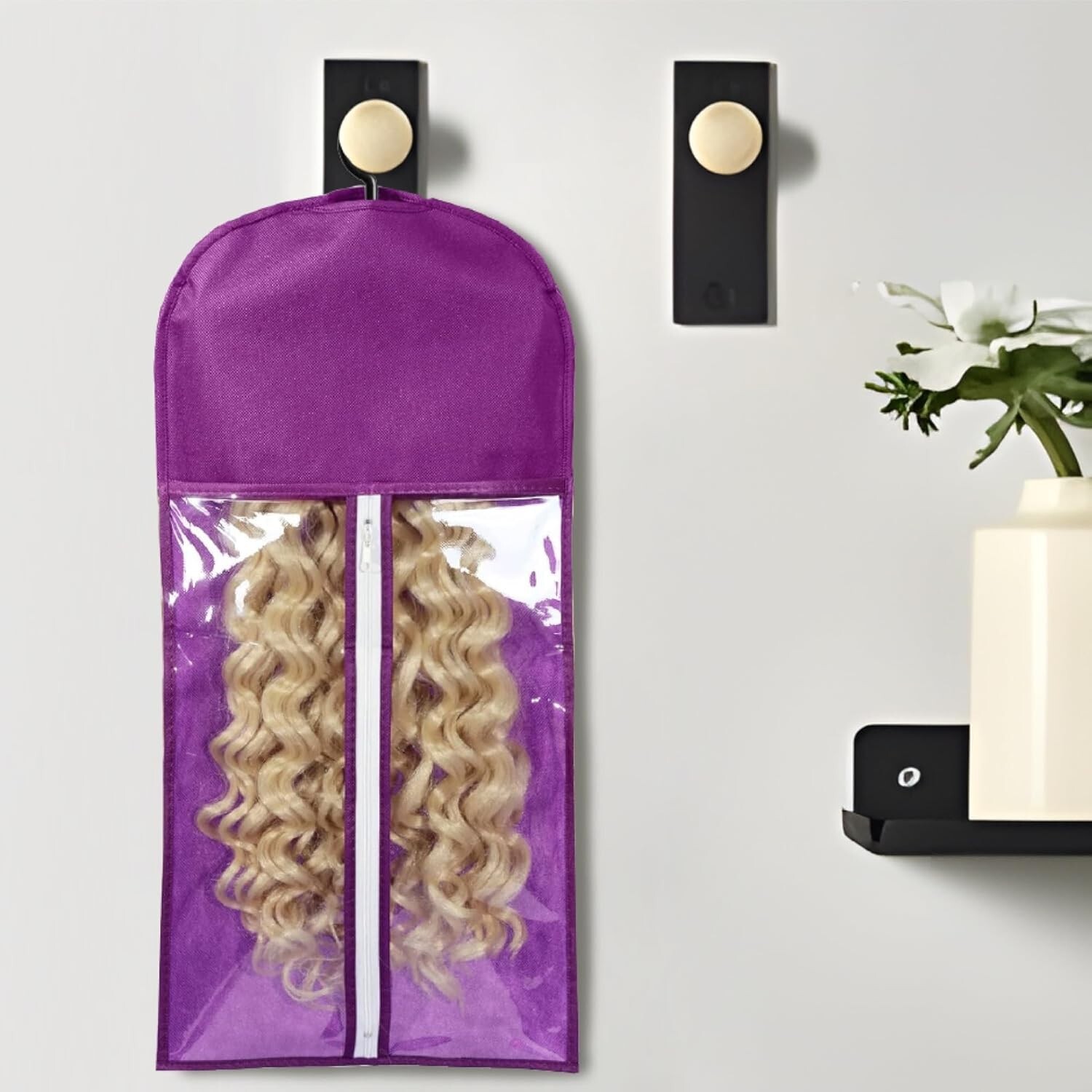 3PCS Purple Wig Hook Hanger Hair Holder Storage Dust-proof Bags Non-Woven Fabric