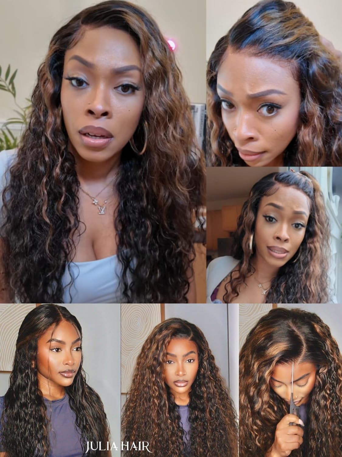 Golden Brown Highlight Deep Wave 22″ HD Lace Closure Glueless Wig, Pre-Plucked,