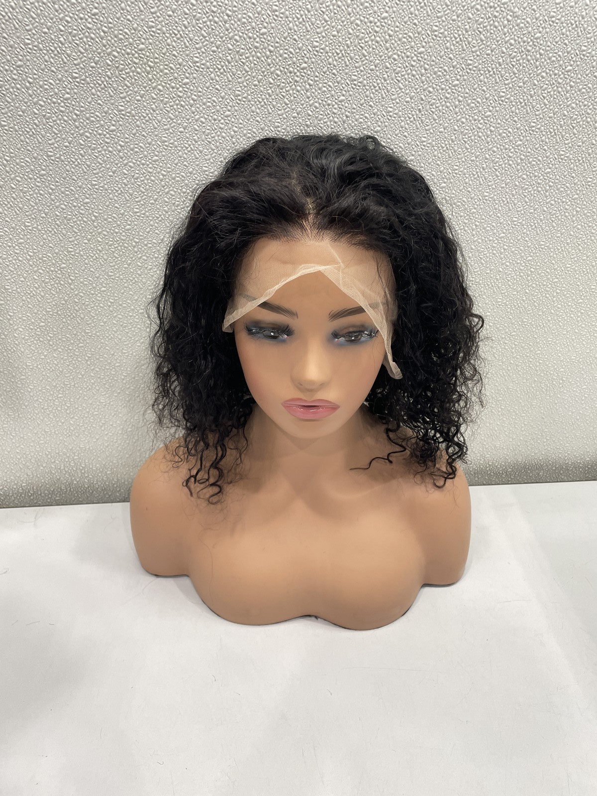 Natural Black Curly Human Hair Blend 13×4 Lace Front Glueless Wig, 16″