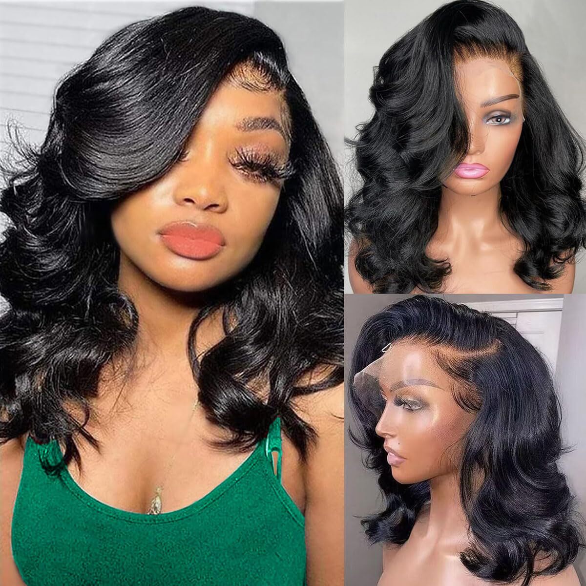 14″ Lace Front Bob Wig Black Natural Hair Body Wave Women Pre Plucked Wigs USA