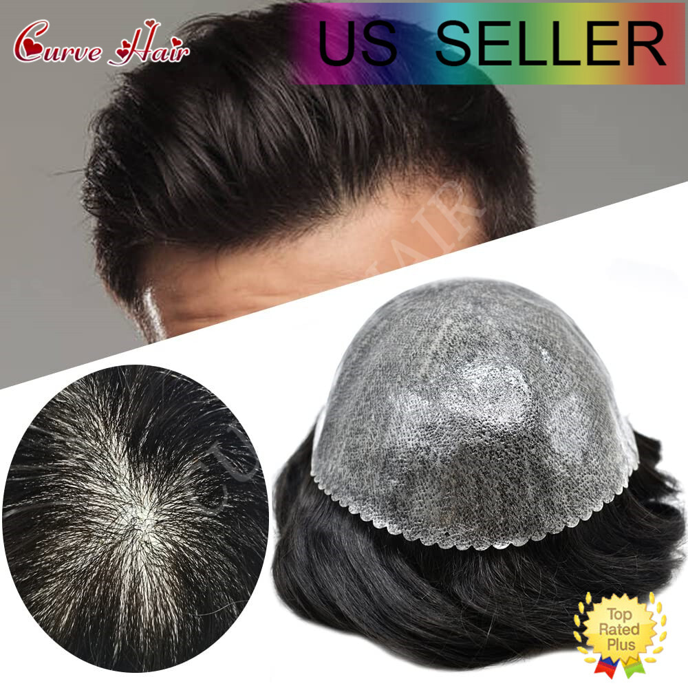 50+ Color Men Toupee Hair Replacement System Full Poly Thin Skin Human HairPiece