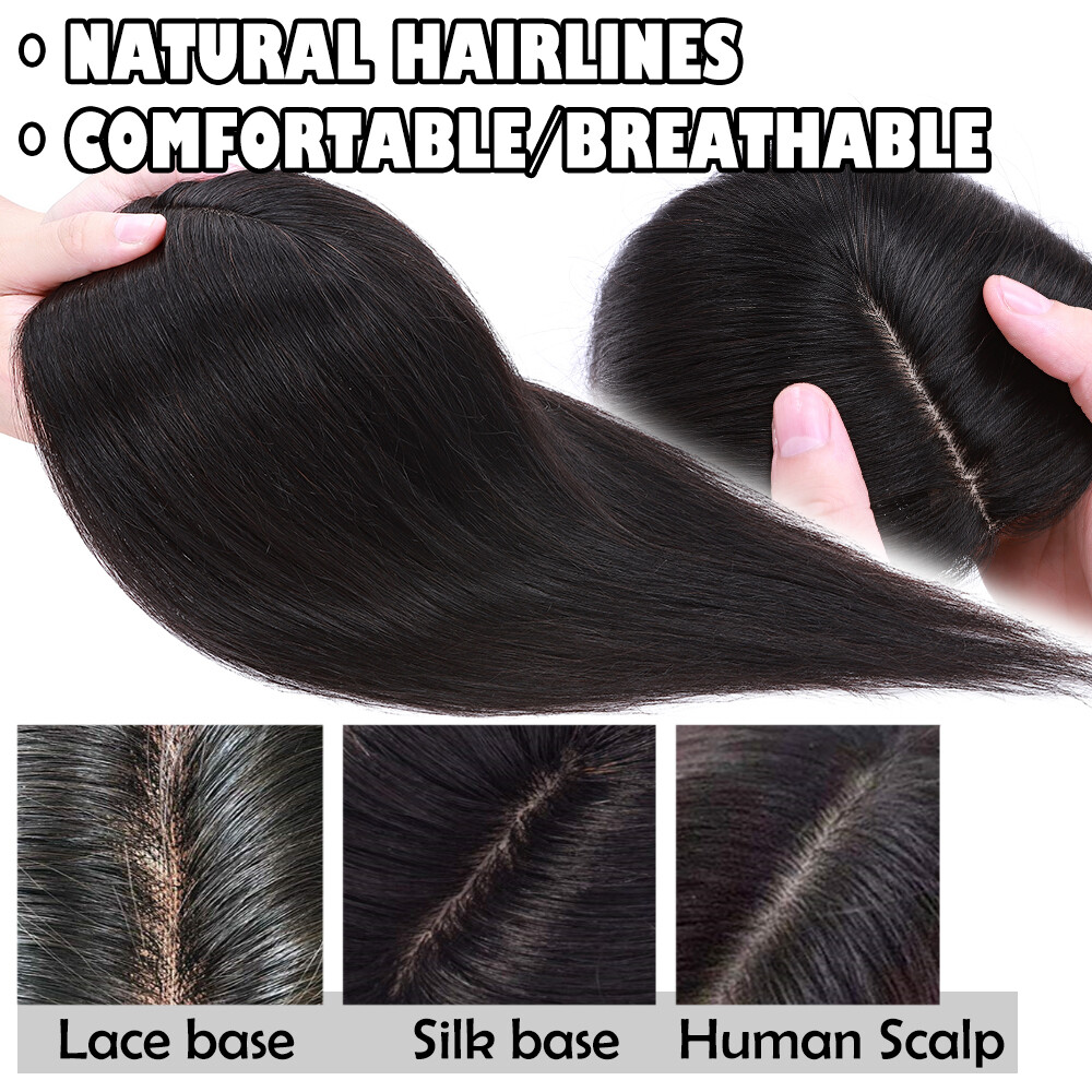 US 100% Human Hair Women Topper Hairpiece Clip In Mono Silk Base Top Wigs Toupee