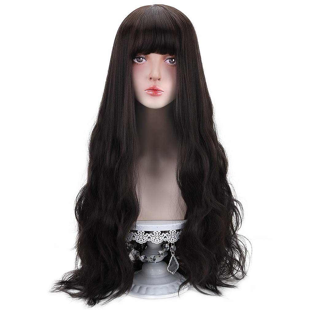 Long Black Synthetic Wig with Bangs – Natural Long Wavy Cosply Wigs for Women…