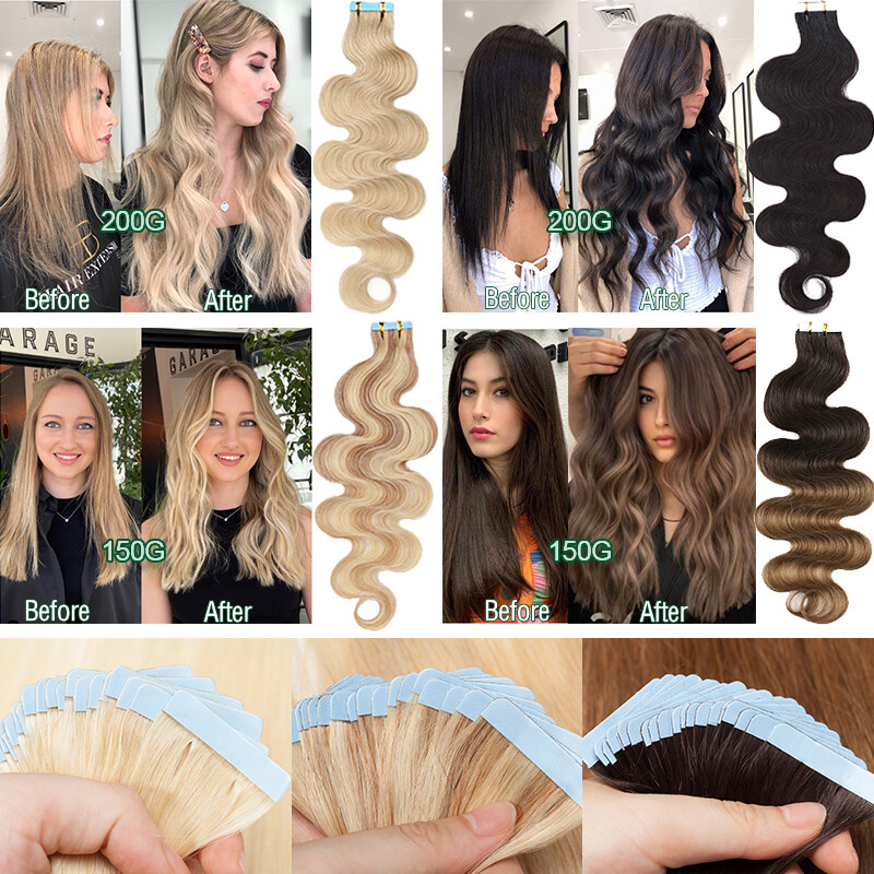Body Wave Thick Tape In Skin Weft 100% Remy Human Hair Extensions Full Head 150g