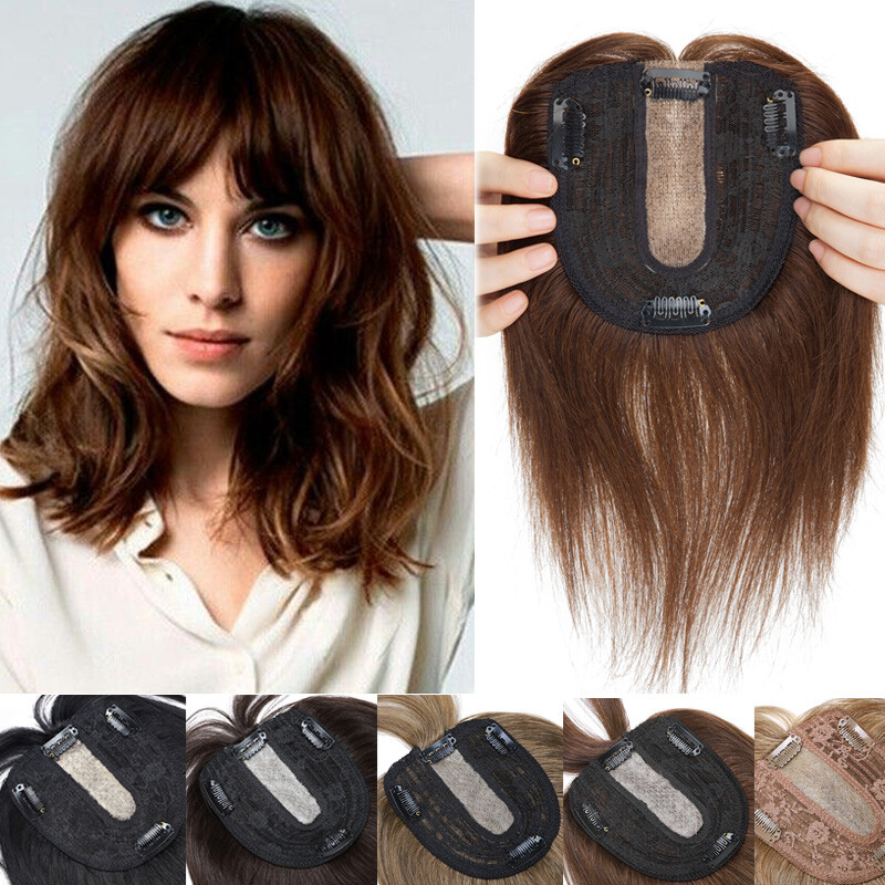 Silk Base Clip In 100% Virgin Human Hair Topper Top Hairpiece Toupee Wigs Bangs