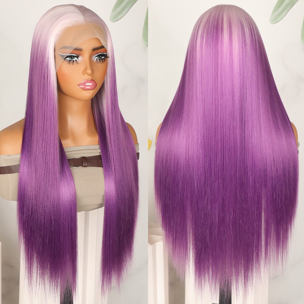 Ice Pink Ombre Purple Long Straight Hair Lace Front Wig 13×4 Pre Plucked Natural