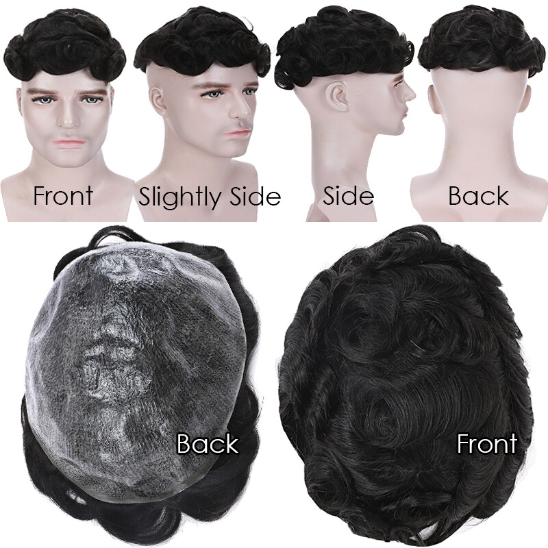 Mens Toupee Replacement System Wig Hairpiece Real Remy Human Hair Thin Skin PU