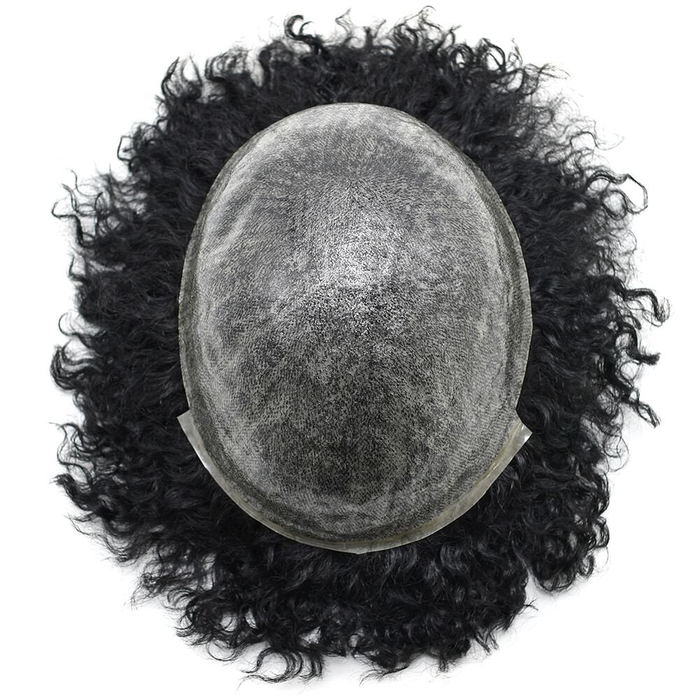 Afro Curly Mens Toupee Full Poly Skin PU Hair System Replacements for Black Men