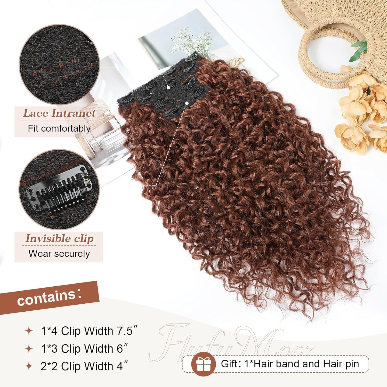 Copper Red 100％ Pure Protein Silk, Hair Extensions 4pcs Clip In 20in
