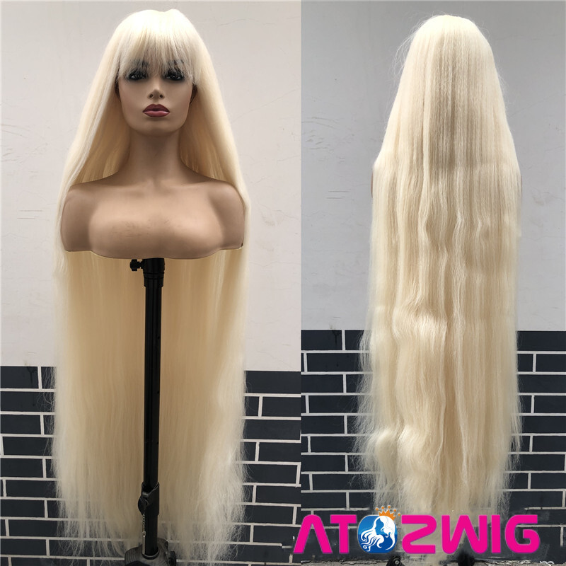 48 inch Long Kinky Straight Ash Blonde Wig with Full Bangs Fashion Party Wigs