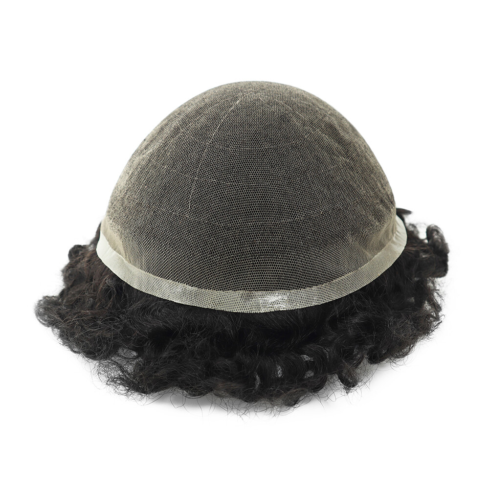 Mens Human Hair Toupee Afro Curl Hair System French Lace Black Hair Piece