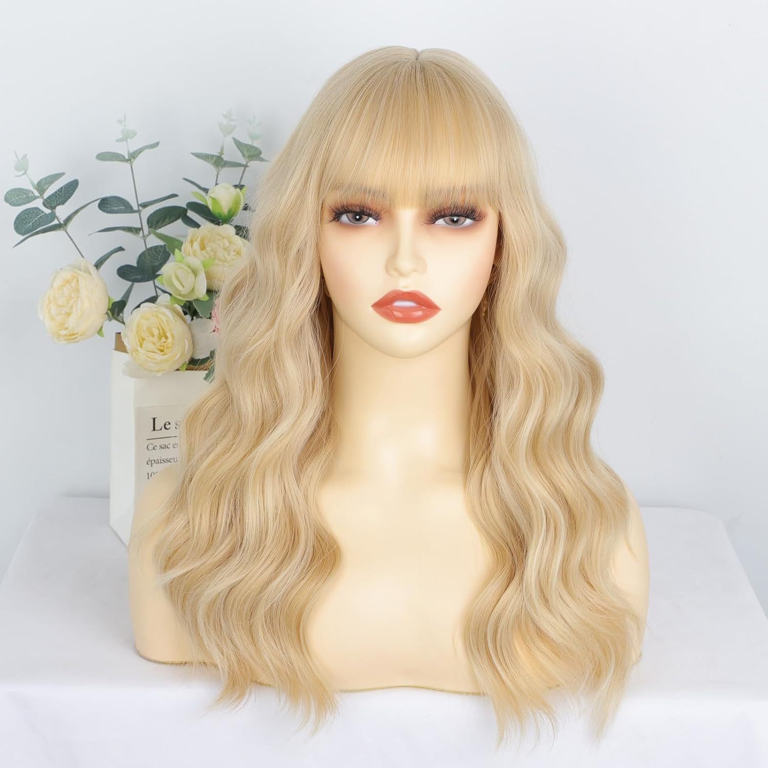Water Wave Long Curly Wig with Bangs Heat Resistant Synthetic Full Cap for Women