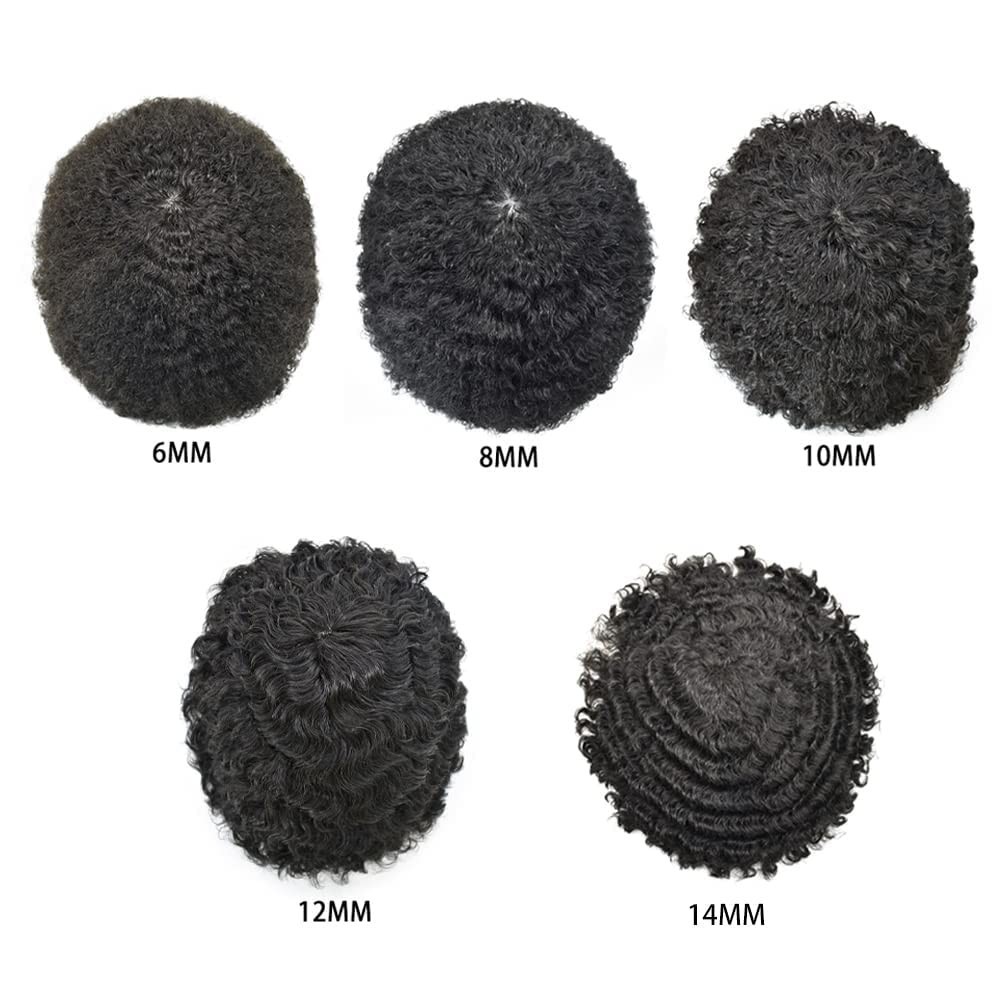 Afro Toupee for Black Men 6MM Curly Brazilian Hair System PU Base 1B Black