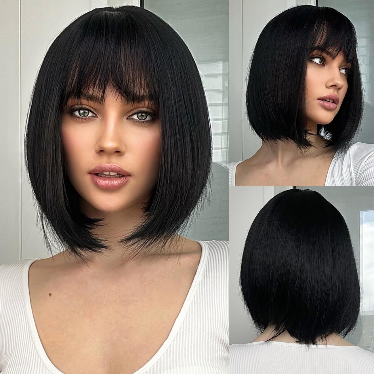 Black Bob Wig with Bangs 13″ Short Bob Wigs Women Short Black Wig Heat Daily USA