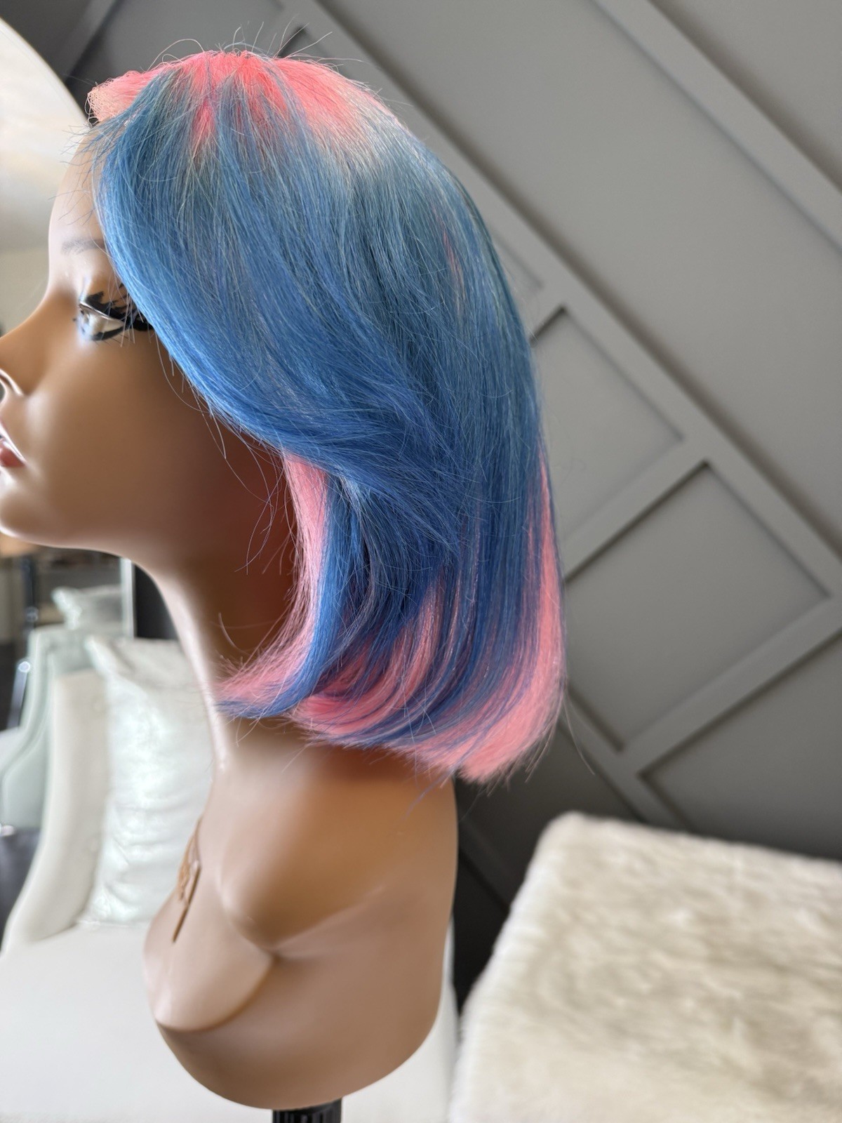 Custom Color Lace Front Wig Human Hair | Bob Cut Wig | Pink & Blue | Baby Shower