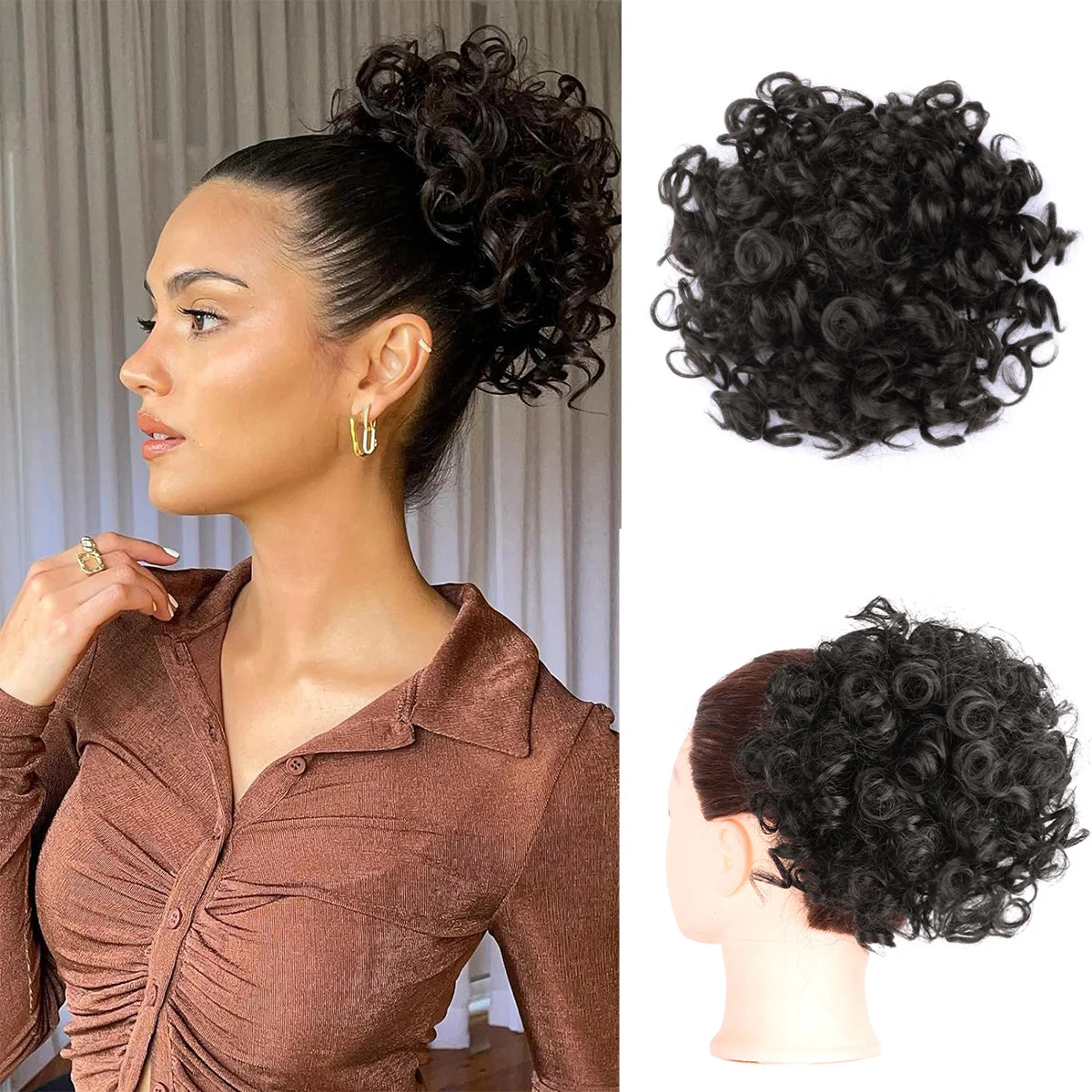 Ombre Blonde Large Curly Synthetic Messy Hair Bun Elastic Drawstring Ponytail