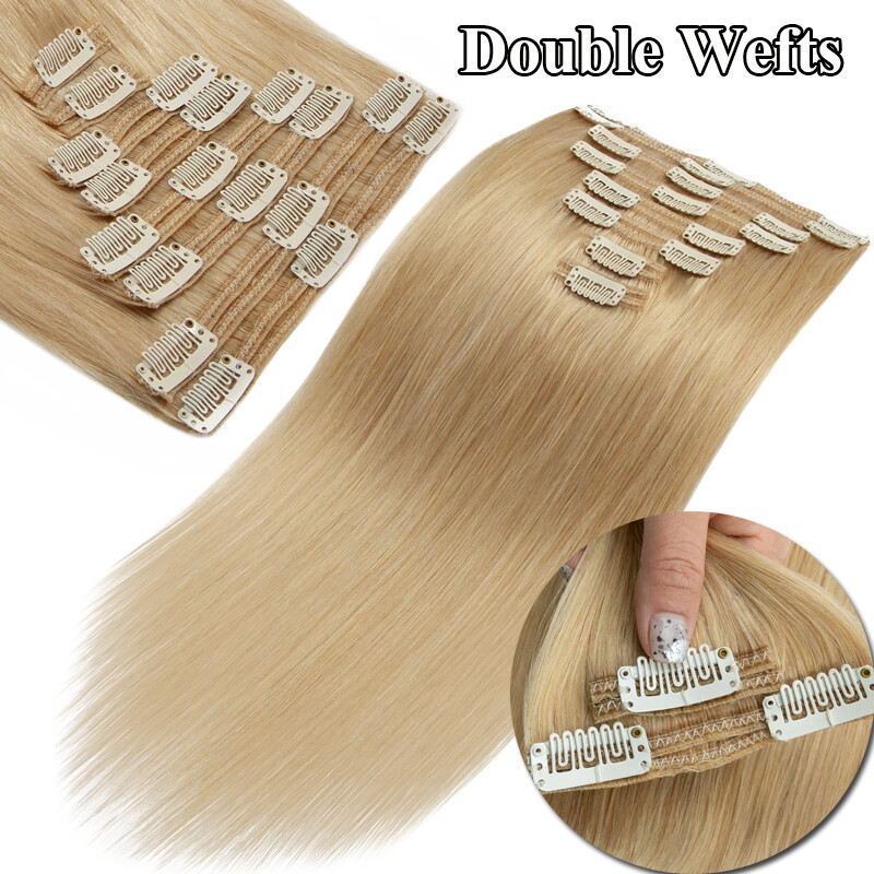 EXTRA THICK Double Weft Clip In 100% Human Hair Extensions Full Head 140g BLONDE