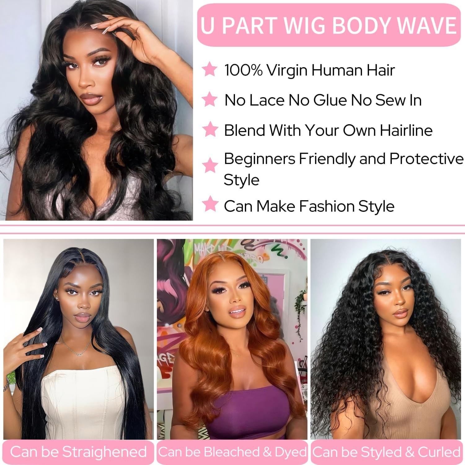 Human Hair Wig Body Wave Upgrade U Part Human Hair Wig U Shape Clip In Half Wig