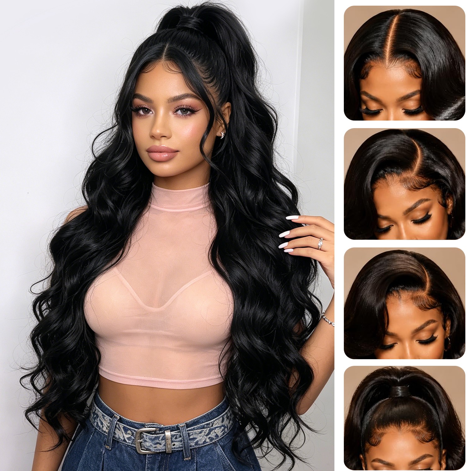 32in Heat-Resistant Fiber‌ Front Wigs Womens Long Curly Lace Wavy Hair Wig Black