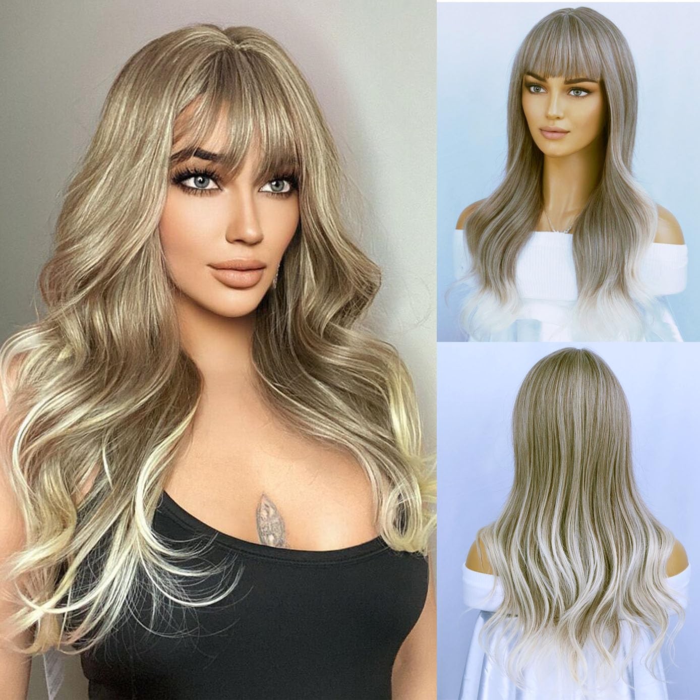 Blonde Brown Long Wigs Women Wavy Wig with Bangs 26 Inches Curly Synthetic Wi…