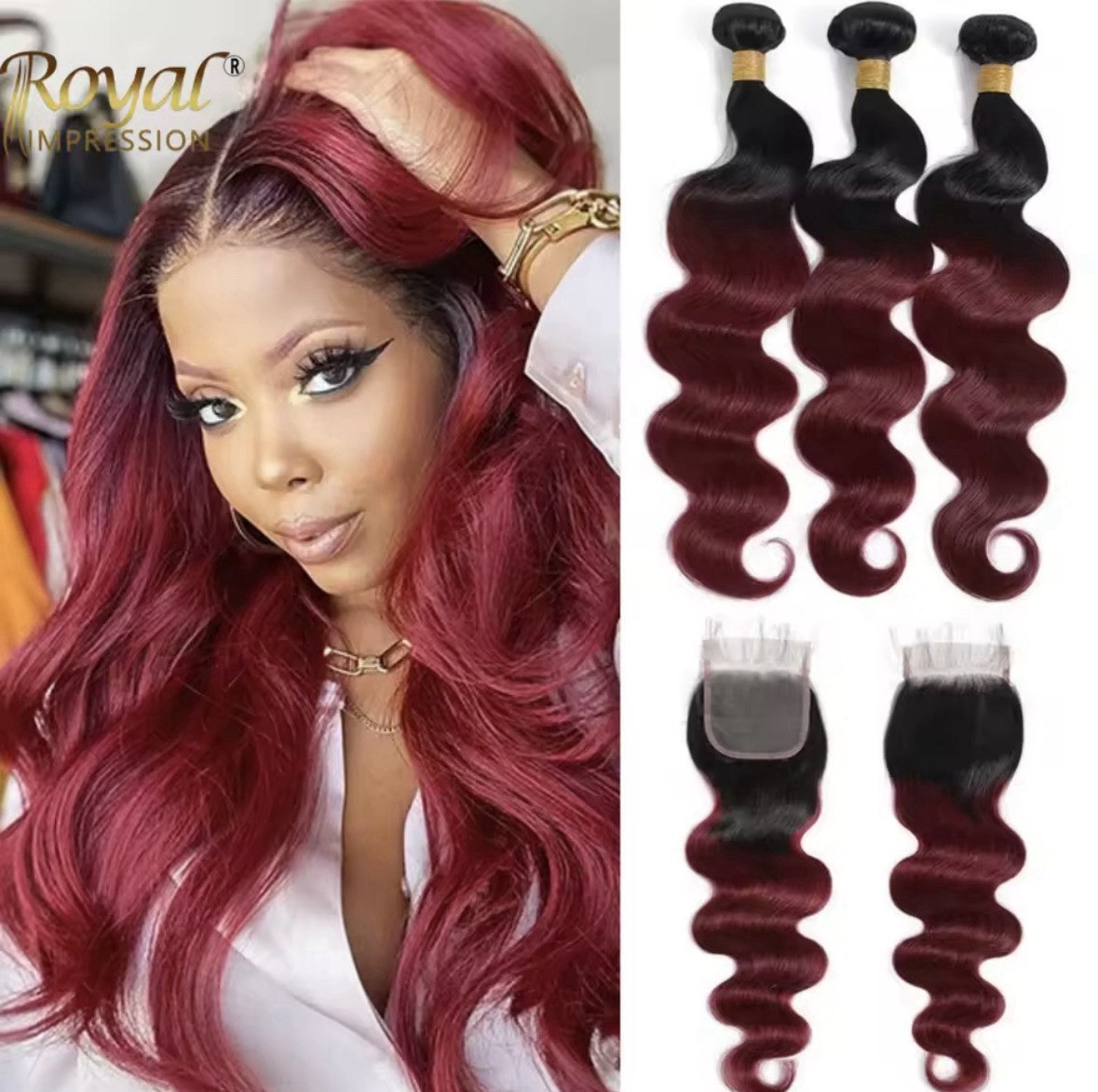 Human Hair Bundle 12” 14” & 16” with 4 x 4 Lace Closure 1B/99J Body Wave W/GIFT