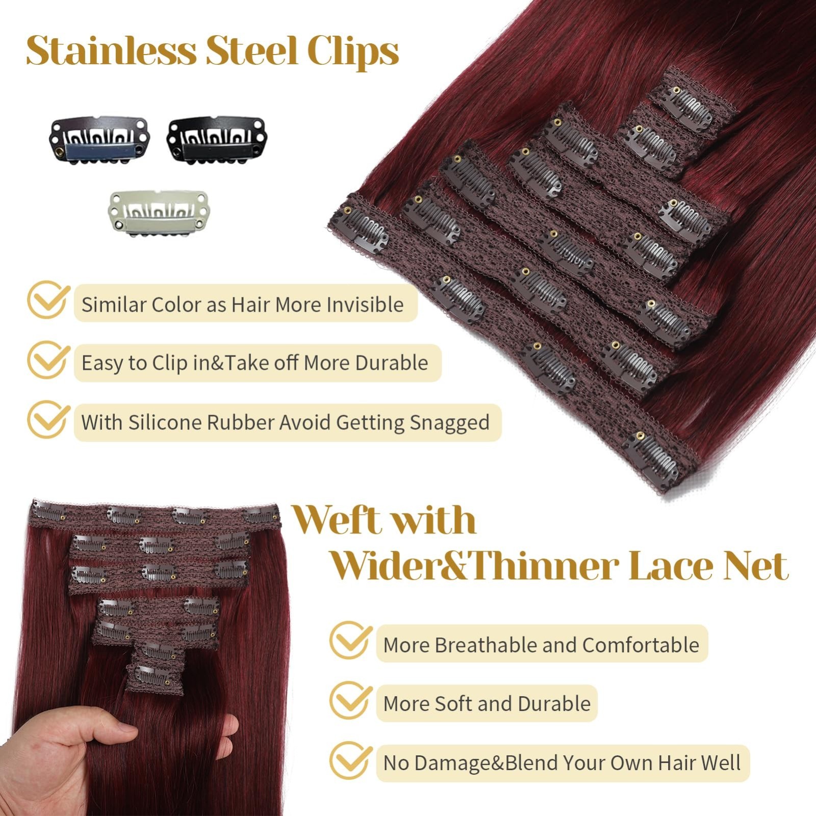 20″ Clip-in Real Human Hair Extensions 7pcs 120g Burgundy Red Soft Remy Straight