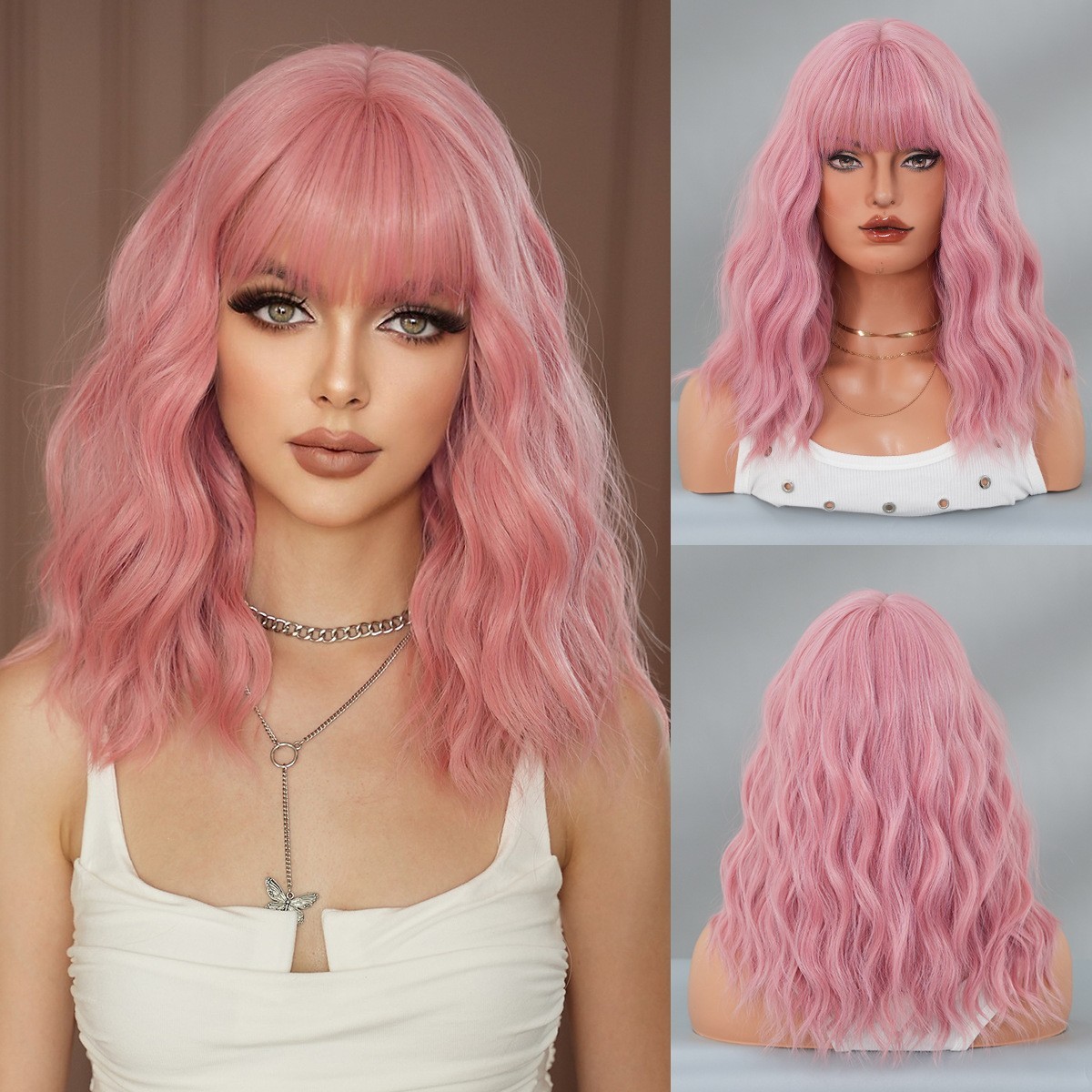 Pink Wavy Wigs With Bangs Short Bob Wavy Wigs for Women Curly Synthetic Cosplay