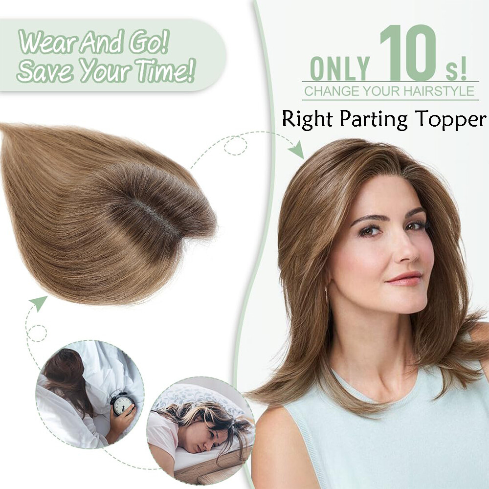 Women Topper Remy Human Hair Clip In Silk Lace Base Top Hairpiece Wigs Side Part