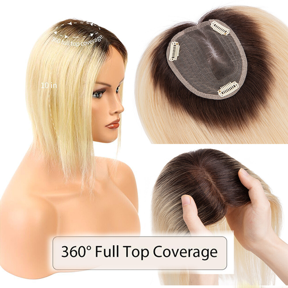 Women Topper Remy Human Hair Clip In Silk Lace Base Top Hairpiece Wigs Side Part