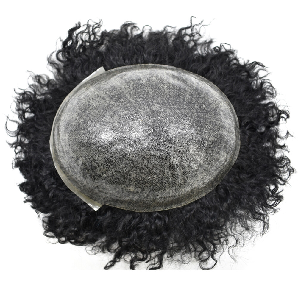 Afro Curl Mens Toupee Full Poly Skin Pu African American Human Hair Replacements