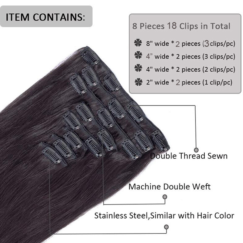 100% Soft Clip In Remy Real Human Hair Extensions Full Head 8PS Weft Black Brown