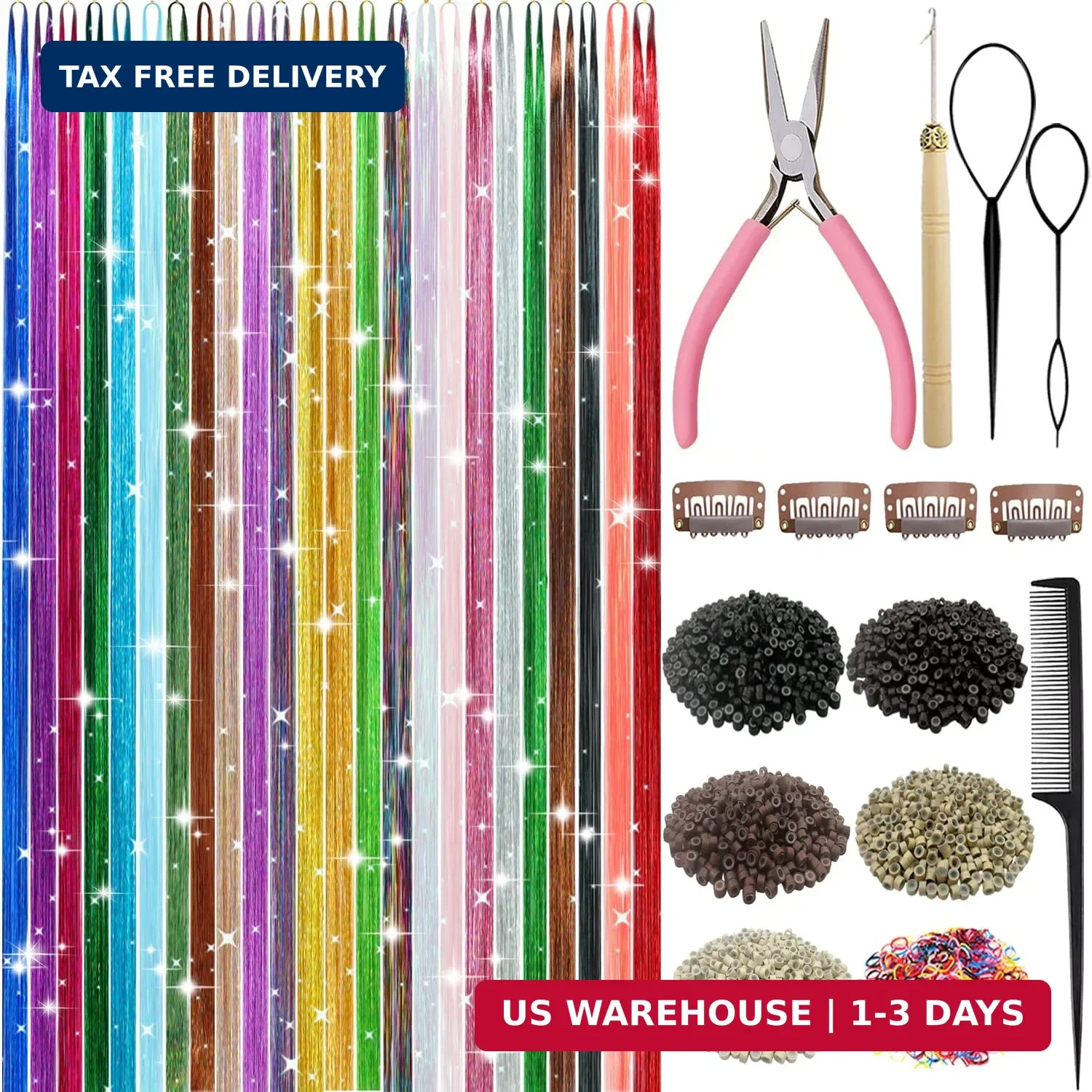 Hair Tinsel, 24 Colors 9800 Strands Hair Tinsel Kit with Tools, Heat Resistant T