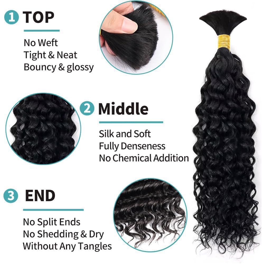 Human Braiding Hair 3 Bundles/Pack 150g Curly Water Wave Bulk Hair for Braidi…