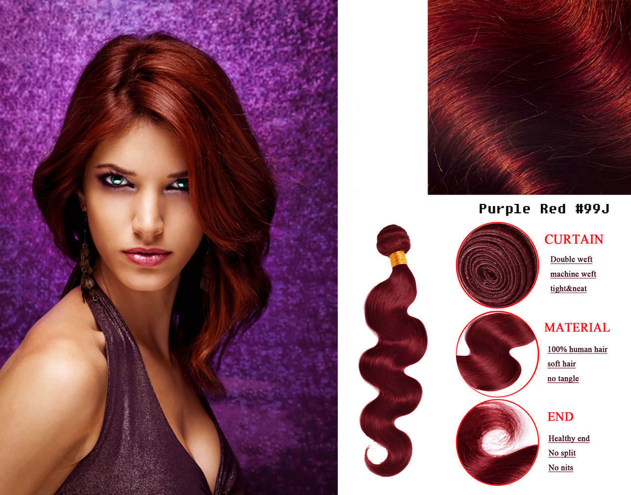 Burgundy 99J One Bundle Straight/Body Wave/Jerry Curl Ali Bundle 100 Human Hair