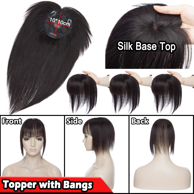 Mono Base 100% Remy Human Hair Topper With Bangs Clip In Top Hairpiece For Women