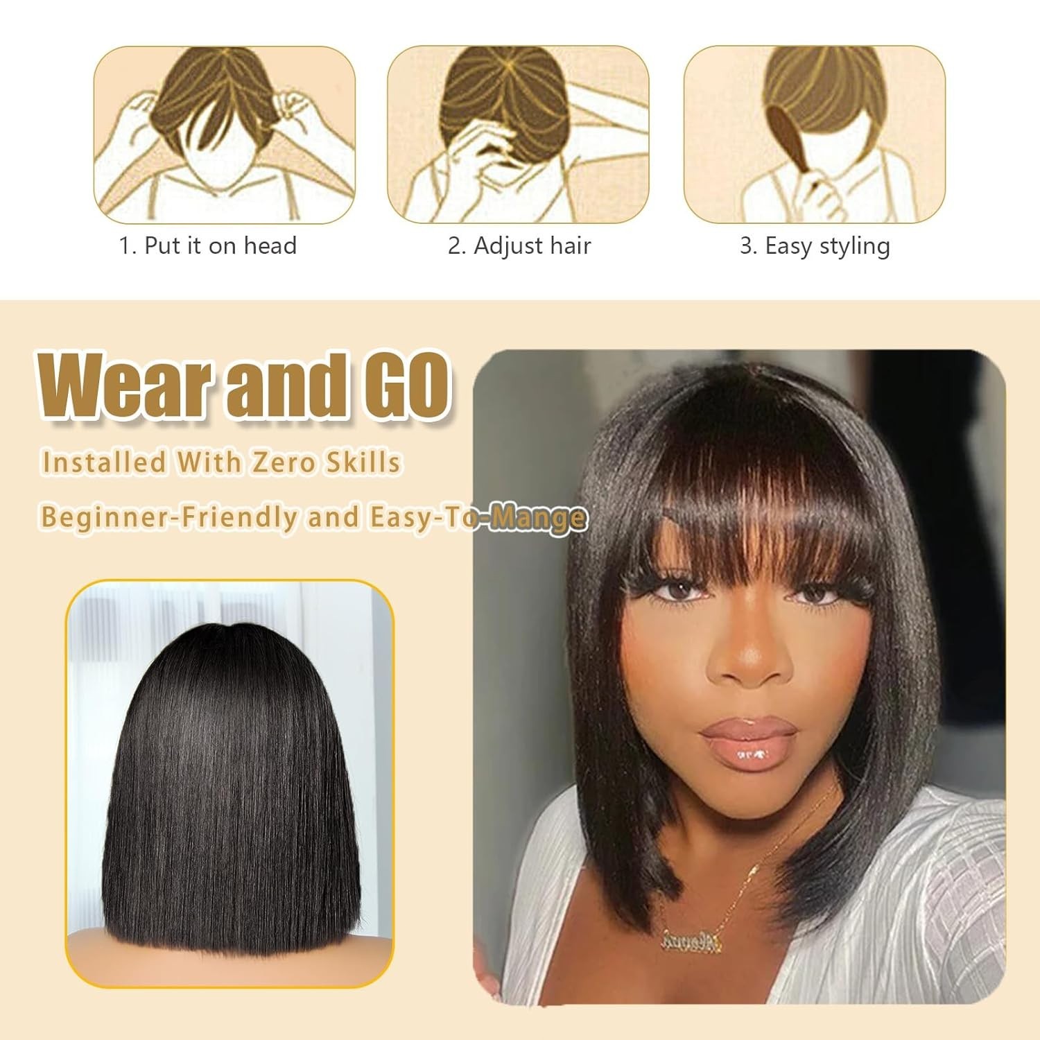 Short Bob Wig with Bangs Human Hair 2×1 Lace Wig Human Hair With Bangs for Women