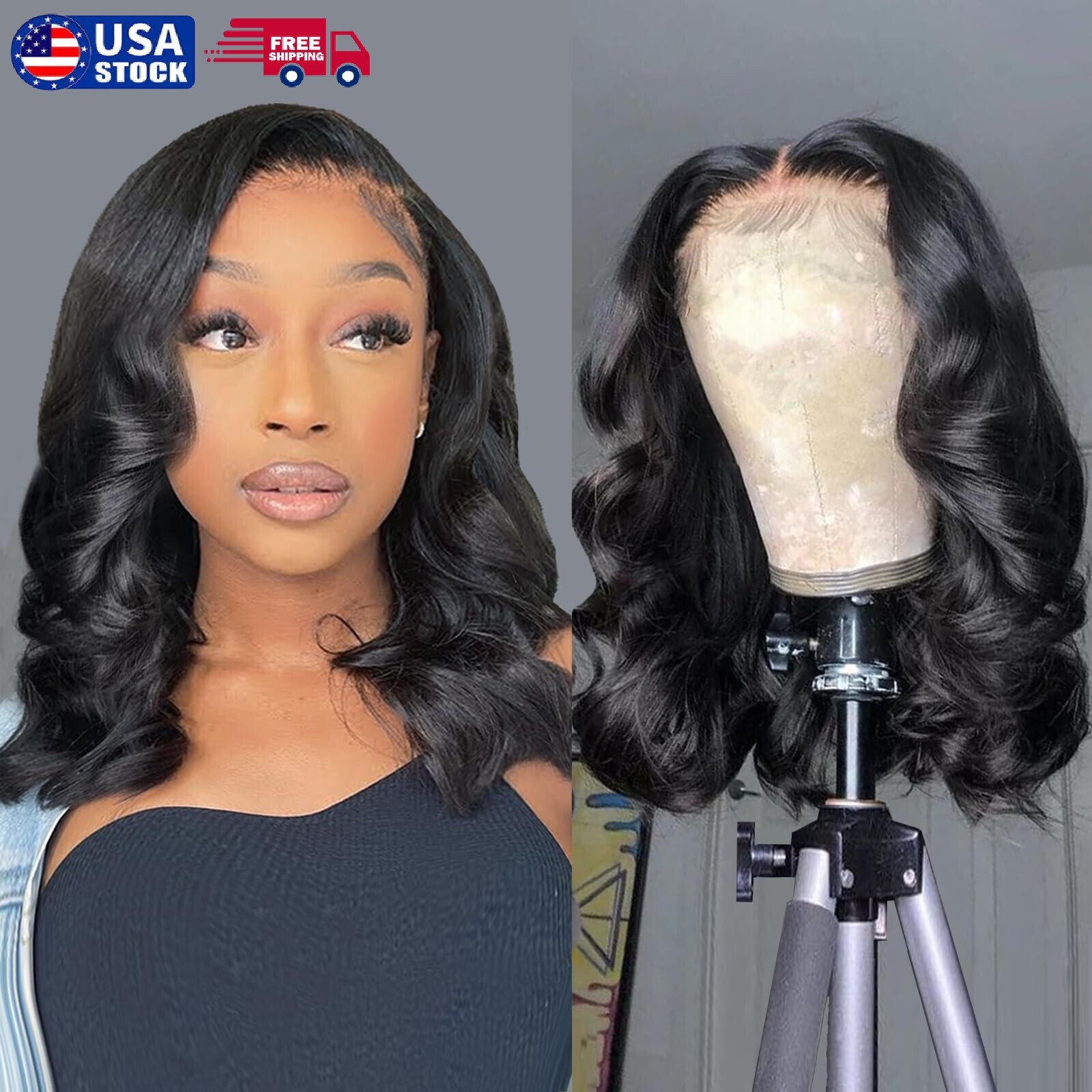 14″ Lace Front Bob Wig Black Natural Hair Body Wave Women Pre Plucked Wigs USA
