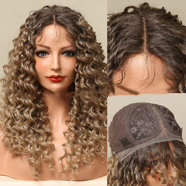 Women Ombre Ash Blonde Curly Lace Front Wigs T Part Kinky Curly Blonde Wigs