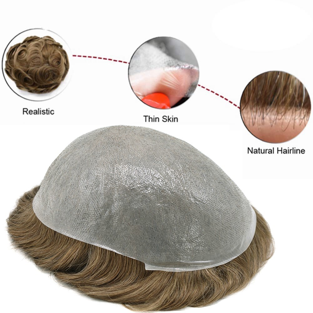 Hair Piece for Men Ultra Thin Skin V-looped Mens Toupee Full Poly Human Hair 70%
